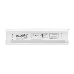 Fuente de alimentación DR100W Ecolite de 12V DC, diseñada para alimentar luces sumergibles LED, con protección IP65 para uso en ambientes húmedos y carcasa metálica resistente.