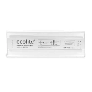 Fuente de poder DR150W Ecolite de 12V DC, diseñada para alimentar luces sumergibles LED, con protección IP65 para uso en ambientes húmedos y carcasa metálica resistente.