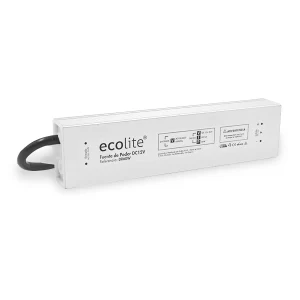 Fuente de alimentación DR60W Ecolite de 12V DC, diseñada para alimentar luces sumergibles LED, con protección IP65 para uso en ambientes húmedos y carcasa metálica resistente.