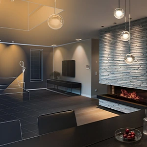 La imagen muestra un moderno diseño de iluminación de interiores en un salón. Destaca la combinación de luces colgantes, apliques de pared y una iluminación empotrada en el techo. El entorno incluye una chimenea de piedra, muebles minimalistas y una paleta de colores cálidos y neutros, creando una atmósfera acogedora y elegante.